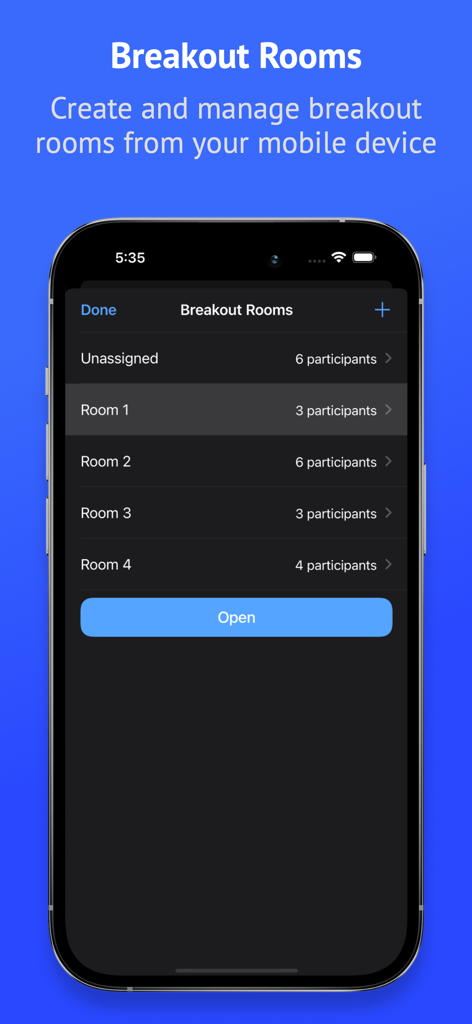 Attendant Pro for Zoom - Interface of Attendant Pro for Zoom showing breakout room creation and participant management on a mobile device