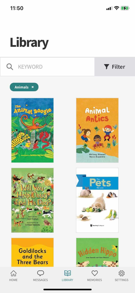 Teaching Strategies Family - Teaching Strategies Family app digital library screen showing available children eBooks for preschool and kindergarten learning.