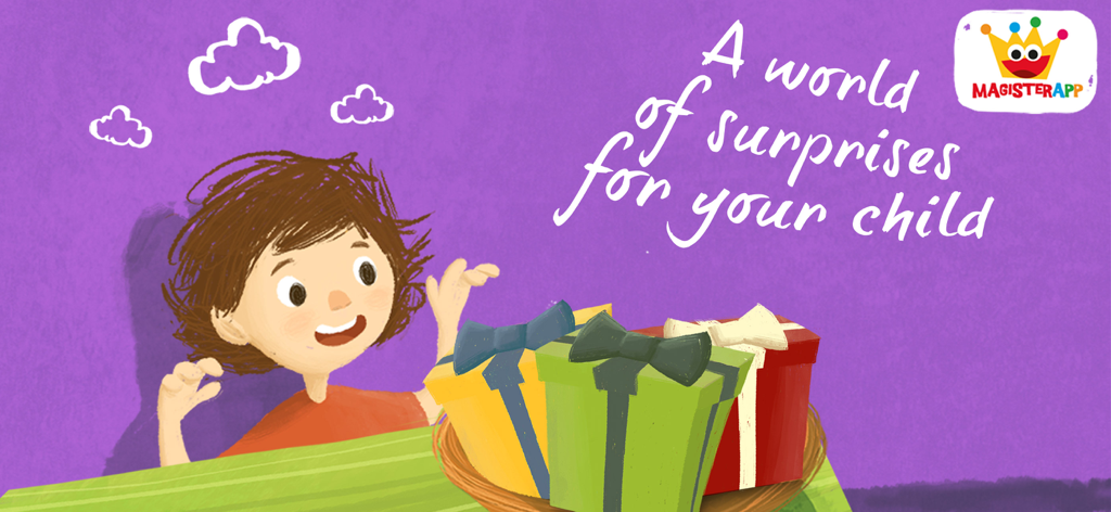 Surprise Easter Games for Baby - A child looking at colorful surprise gift boxes in a basket with the text A world of surprises for your child