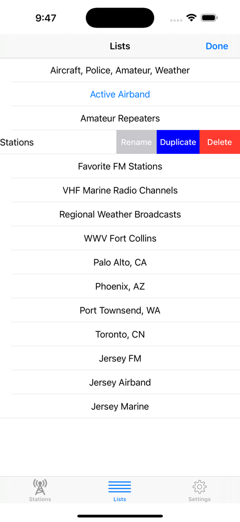 A screen showing the station lists in the SDR Receiver app with categories like Airband, Amateur Repeaters, and Weather.