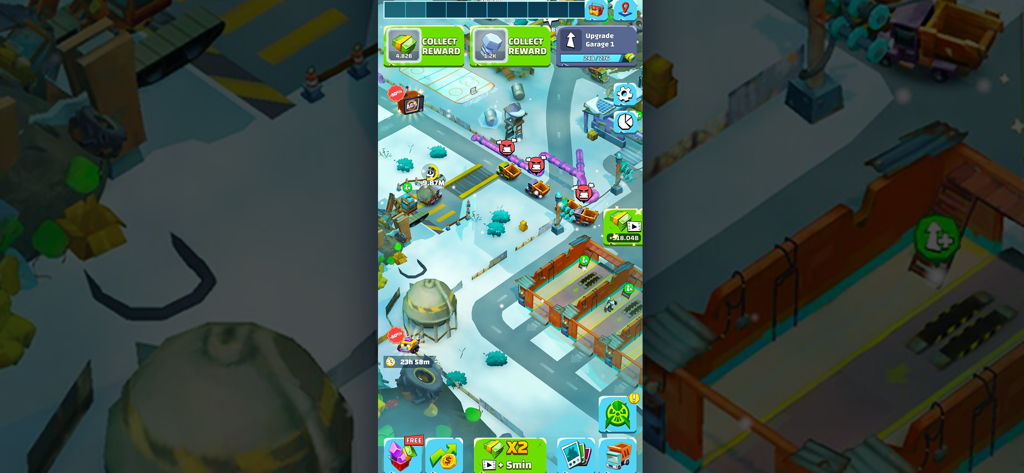 Idle Junkyard Tycoon: Be Rich! - Vista del juego de Idle Junkyard Tycoon que muestra camiones de basura e instalaciones de reciclaje en un entorno cubierto de nieve