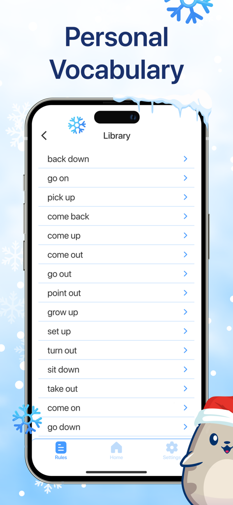 Phrasal Verb App: Learn + Play - A library list of English phrasal verbs within the Phrasal Verb App interface.