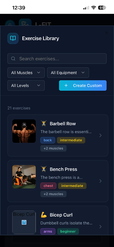 L-fit - L-fit app interface displaying an exercise library with filters for muscle groups and equipment