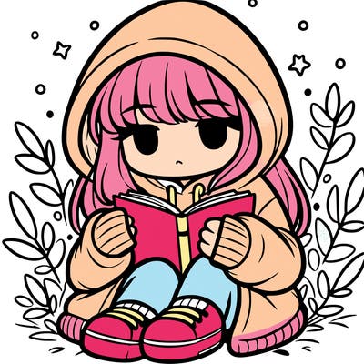 girl in oversized hoodie reading a book