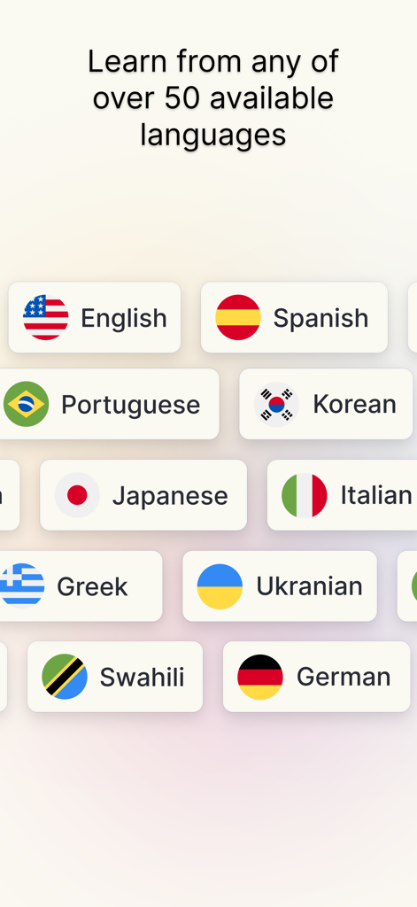 ISSEN - Voice Tutor - Una visualización de varias opciones de idiomas en la aplicación ISSEN, incluyendo inglés, español, japonés y coreano con sus respectivas banderas