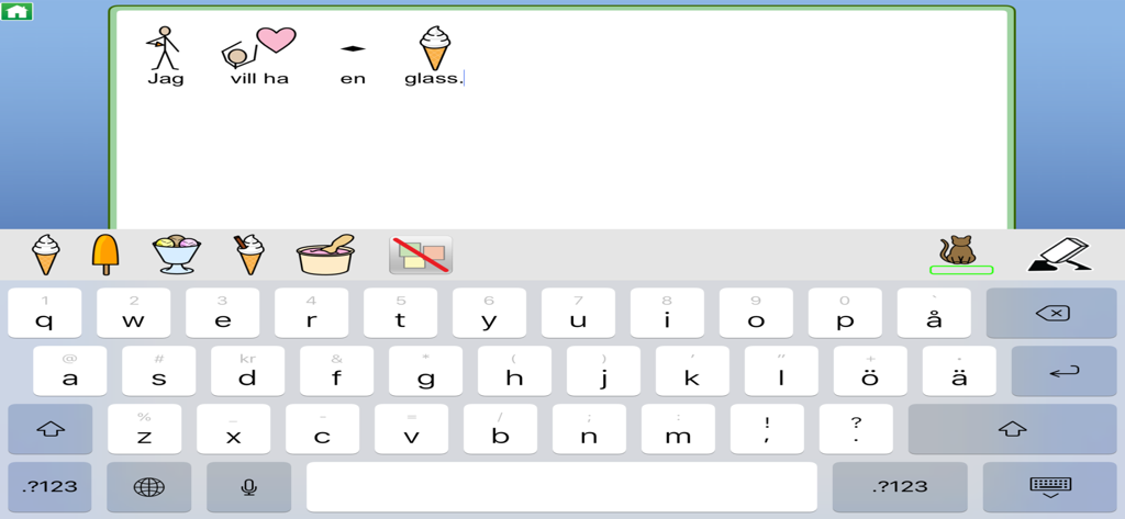 Widgit Go SE app interface showing a communication board with symbols and a keyboard for building sentences