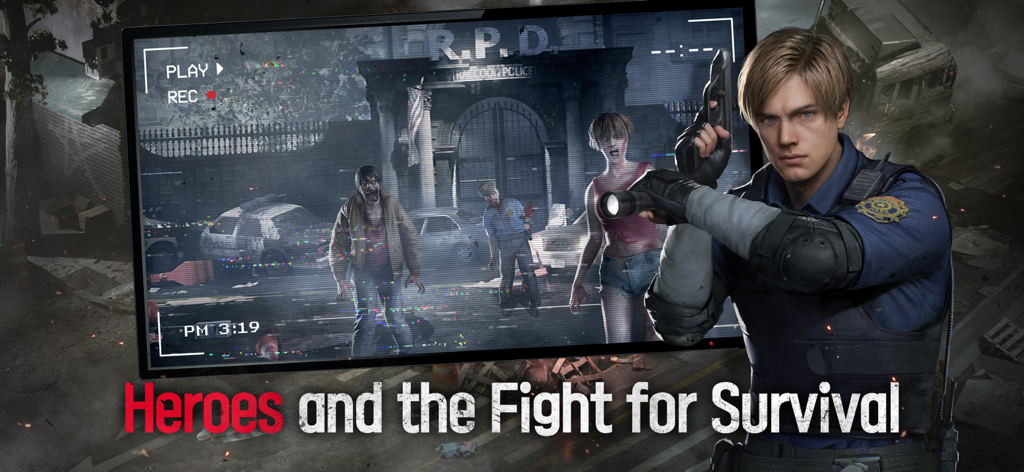 バイオハザード サバイバルユニットのレオン・ケネディと、RPDステーションの外のゾンビを示すモニター。