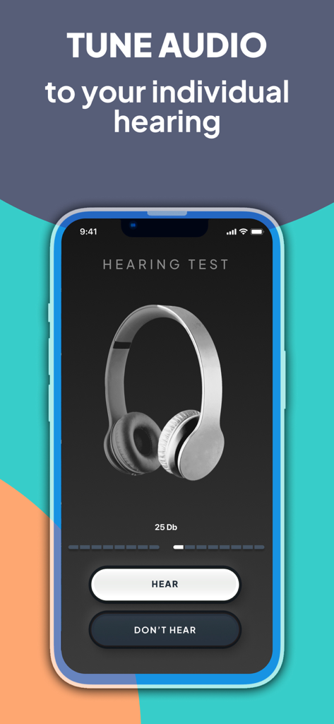 LISTENING DEVICE - HEARING AID - A smartphone displaying a hearing test interface with HEAR and DONT HEAR buttons