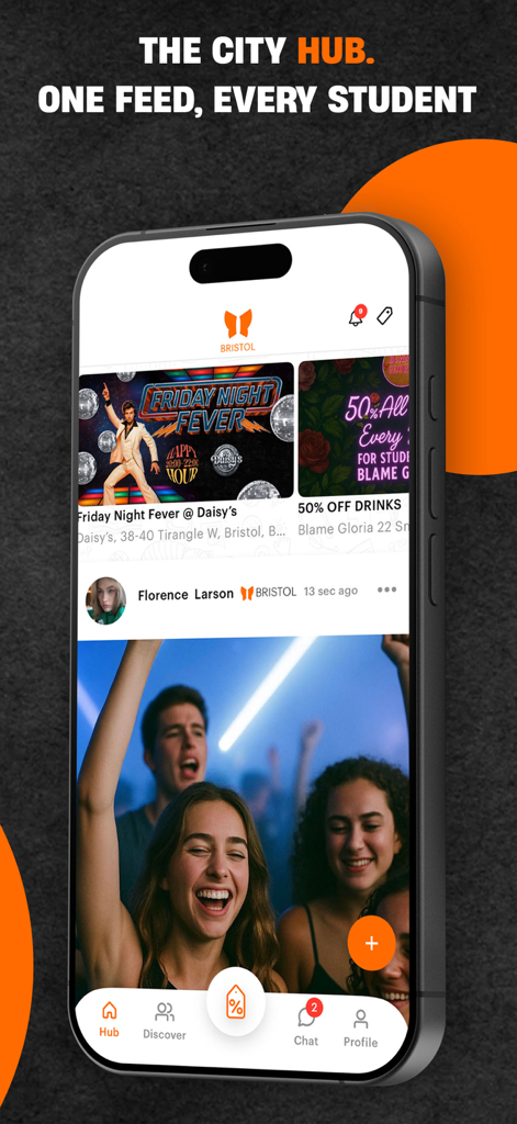 Unifi: Home of the Unifi Card - Pantalla del centro de la ciudad de la aplicación Unifi mostrando eventos estudiantiles y feed social