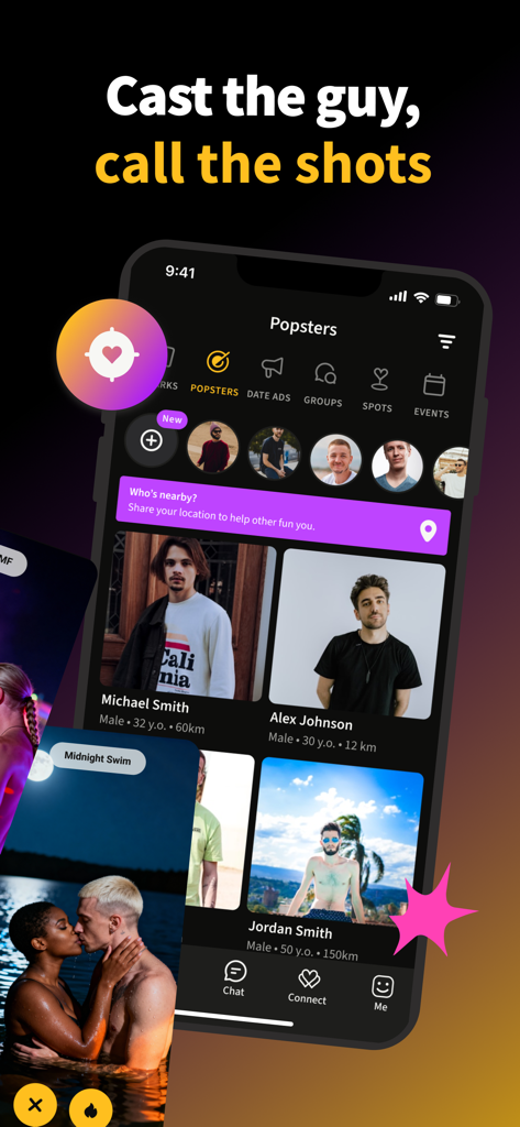 POPCORN: Date, Flirt, Connect - POPCORNデーティングアプリのインターフェース。Popstersディスカバリーフィードに表示される様々な男性ユーザープロフィール。