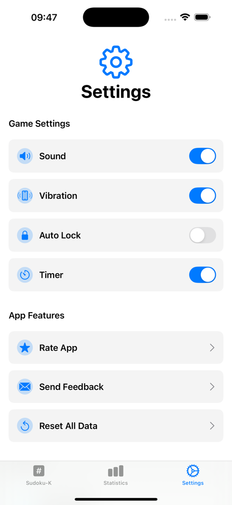 Sudoku-K - Settings screen of the Sudoku-K app showing minimalist options for sound vibration and game features