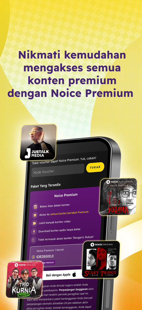 Screenshot of the Noice app showing premium subscription features and pricing for Indonesian audio and video content