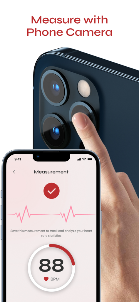A finger placed on a smartphone camera lens to measure heart rate with a pulse tracker app