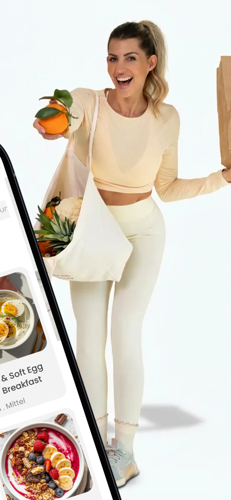 SHAPE by Sarah Harrison - Sarah Harrison holding fresh groceries and healthy recipes displayed on the SHAPE app