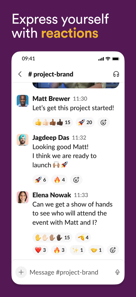Slack for EMM mobile interface showing team messages and emoji reactions in a project channel.