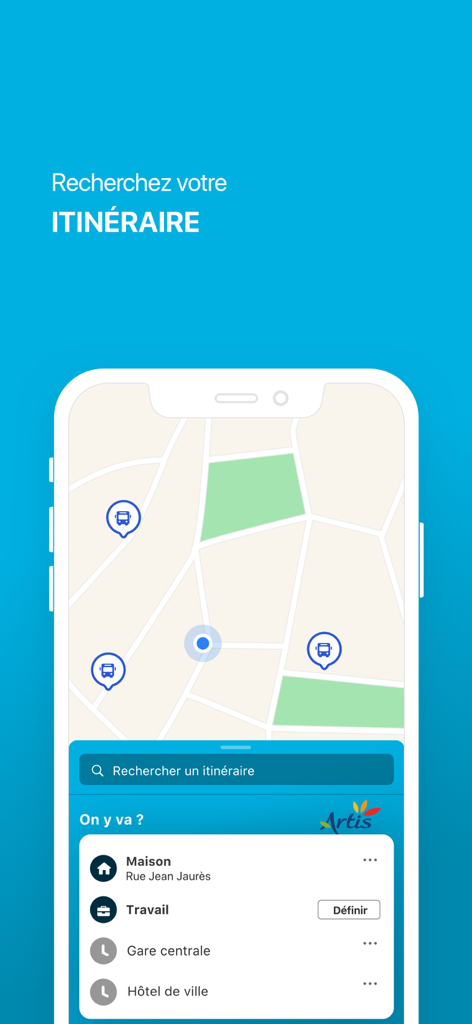 Artis Arras - Écran de l'application Artis Arras affichant une carte avec des arrêts de bus et une barre de recherche d'itinéraire