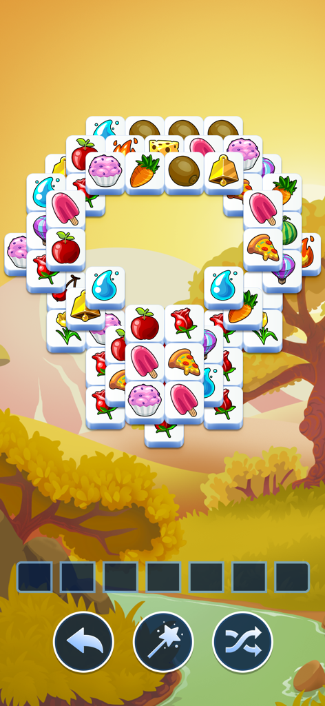 Tile Club - Matching Game - Ein Screenshot des Tile Club Matching Games mit niedlichen Symbolen auf Kacheln und einem Zen-Herbsthintergrund.