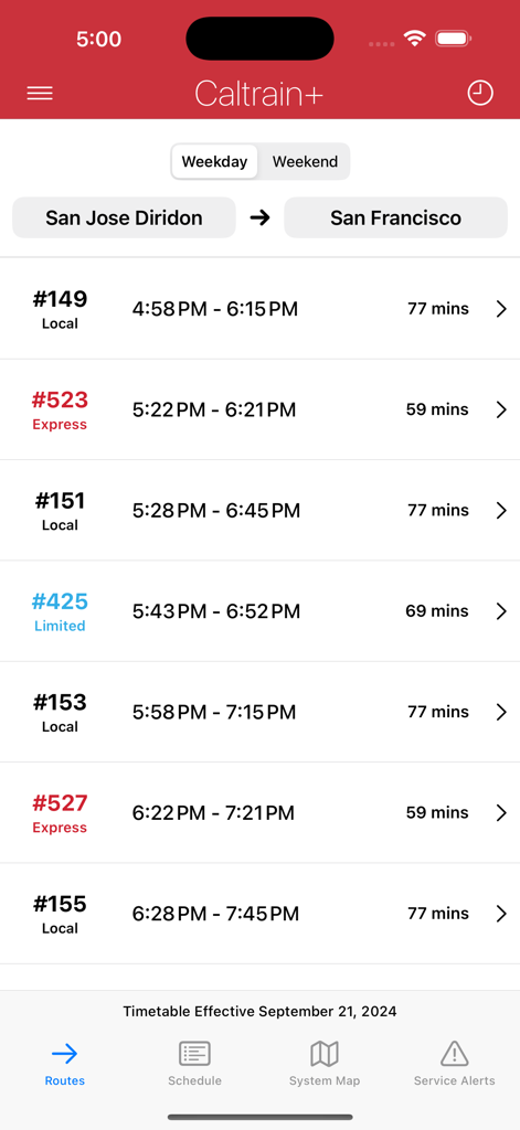 Caltrain plus app interface showing weekday train schedules from San Jose to San Francisco