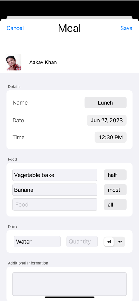 Tapestry Journal app screen for logging child meal details including food and drink
