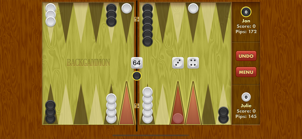 Digital backgammon board game match with checkers and dice