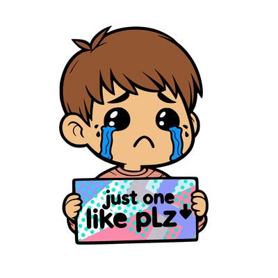 realistic crying boy with a sign saying just one like plz