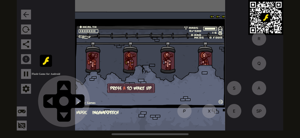 Un gioco flash retrò in esecuzione su un dispositivo mobile con joystick virtuale e overlay dei pulsanti di azione.