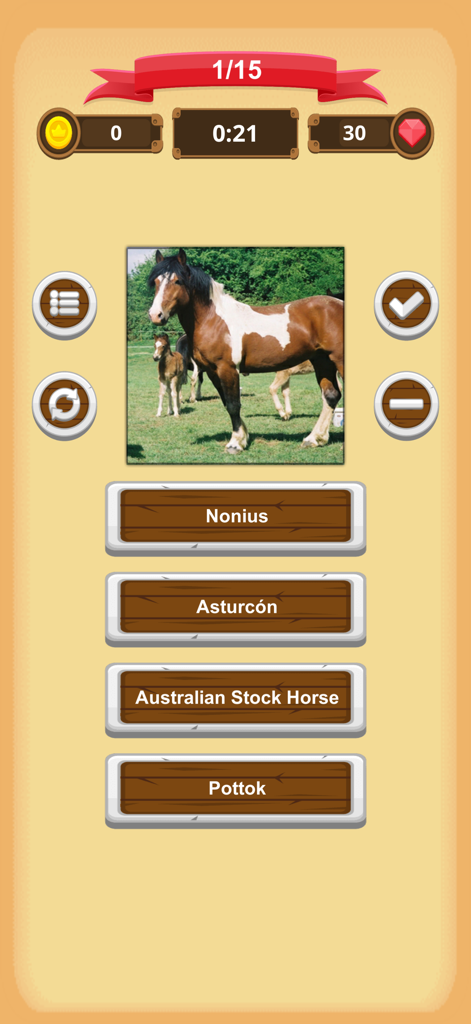 Horse Quiz - A horse breed identification quiz screen showing a brown and white horse and four breed options.