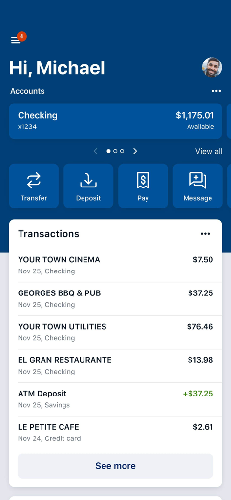 IFB Business Mobile Banking - Dashboard dell'app IFB Business Mobile Banking che mostra il saldo del conto e la cronologia delle transazioni