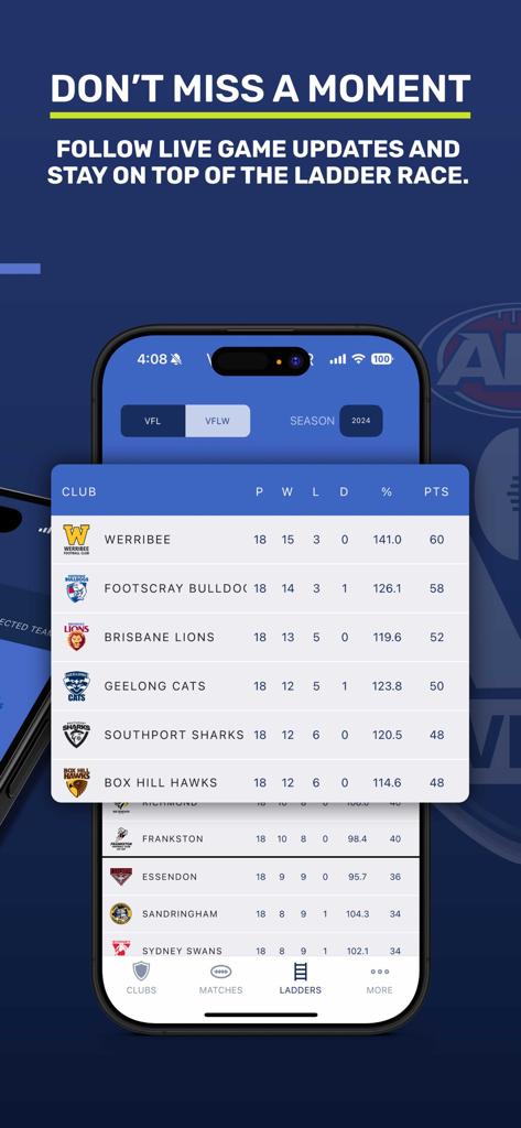 The Official VFL App interface displaying the current league ladder and team rankings