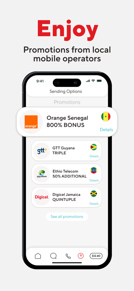 BOSS Revolution app screen displaying international mobile top-up promotions from carriers like Orange Senegal and Digicel Jamaica