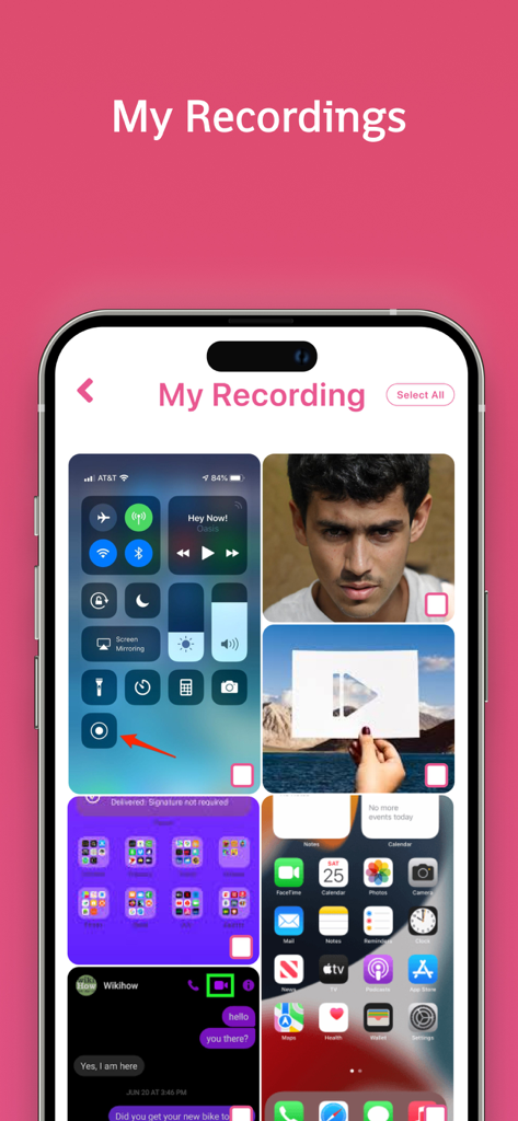 Screen Recorder - iRecorder - iRecorder app My Recordings screen showing a grid of saved screen captures and video recordings on an iPhone.