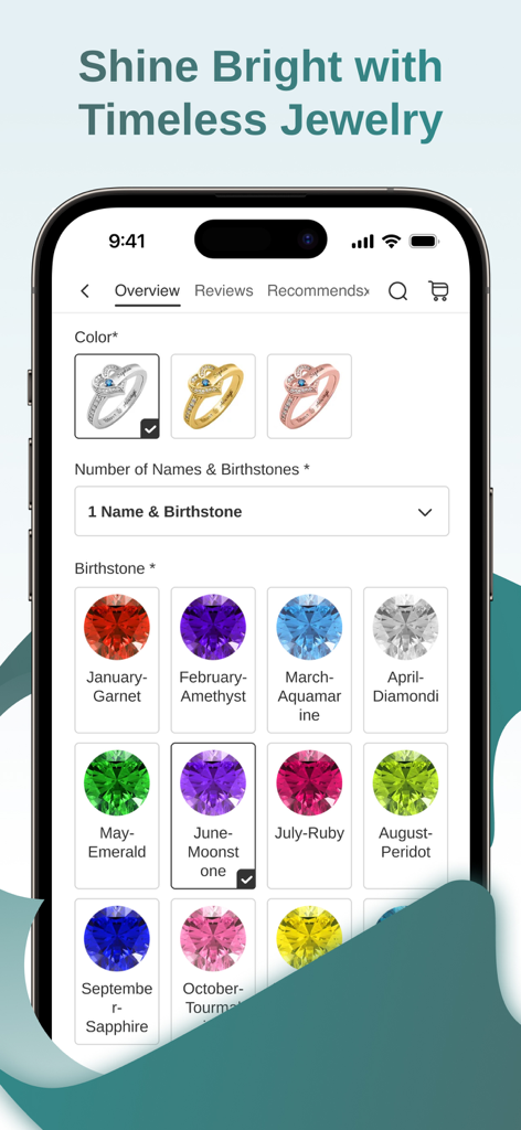 Callie: Make Gifting Unique - Mobile app interface showing personalization options for a ring including metal color and birthstone selection