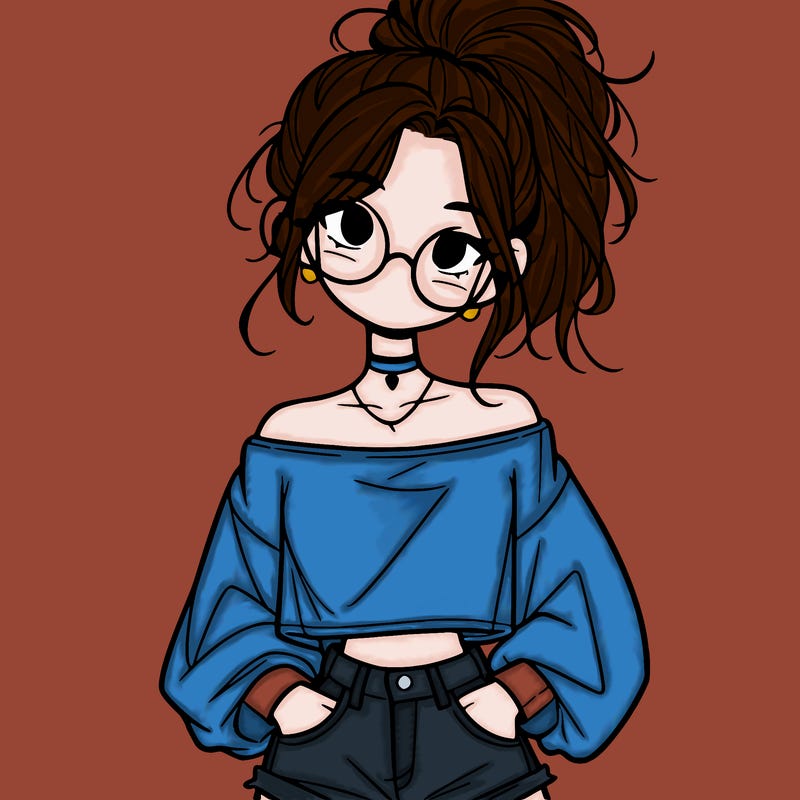 girl with a messy ponytail glasses a baggy crop top and jean shorts