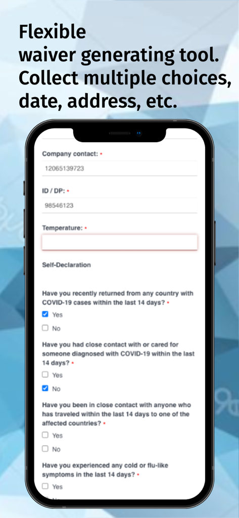 WaiverElectronic-Online Waiver - Uno schermo di smartphone che mostra l'interfaccia dell'app WaiverElectronic per la creazione di moduli di responsabilità digitale flessibili con campi personalizzabili e dichiarazioni sanitarie.