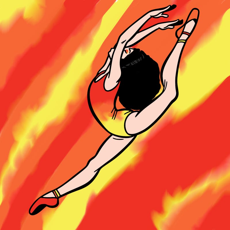 gymnast doing a leap in a leotard with a bent back leg