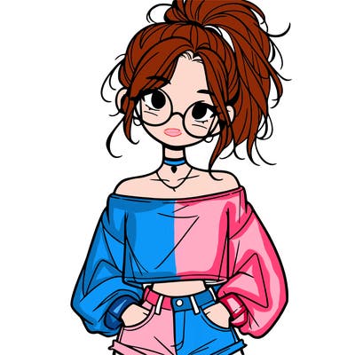 girl with a messy ponytail glasses a baggy crop top and jean shorts