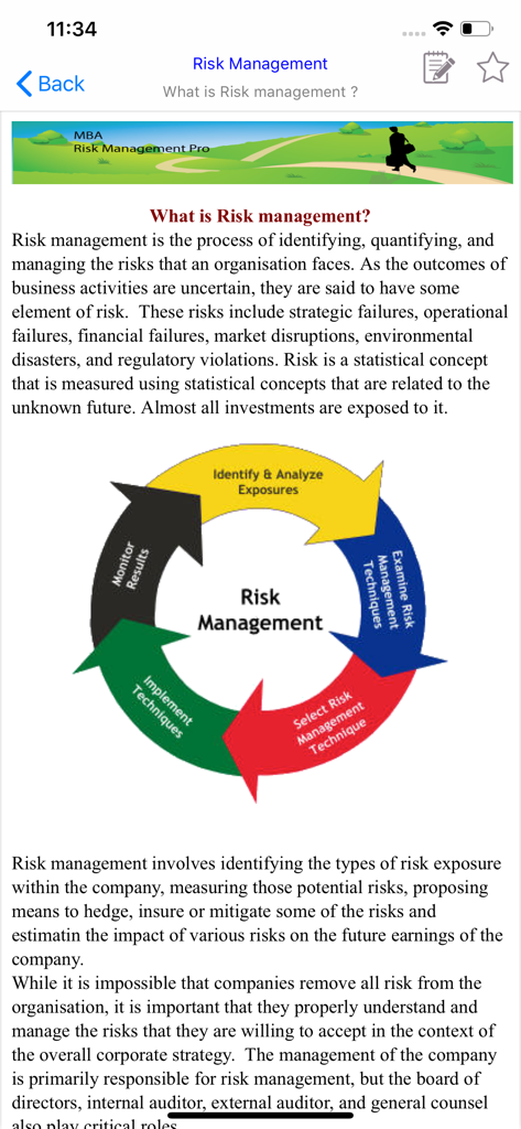 MBA Risk Management - Ein Screenshot der MBA Risikomanagement App, der eine Definition des Risikomanagements und ein Kreisdiagramm des Risikomanagementprozesses zeigt.