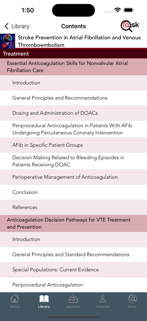Neurology @Point of Care - Table of contents showing stroke prevention and anticoagulation treatment guidelines in the Neurology app