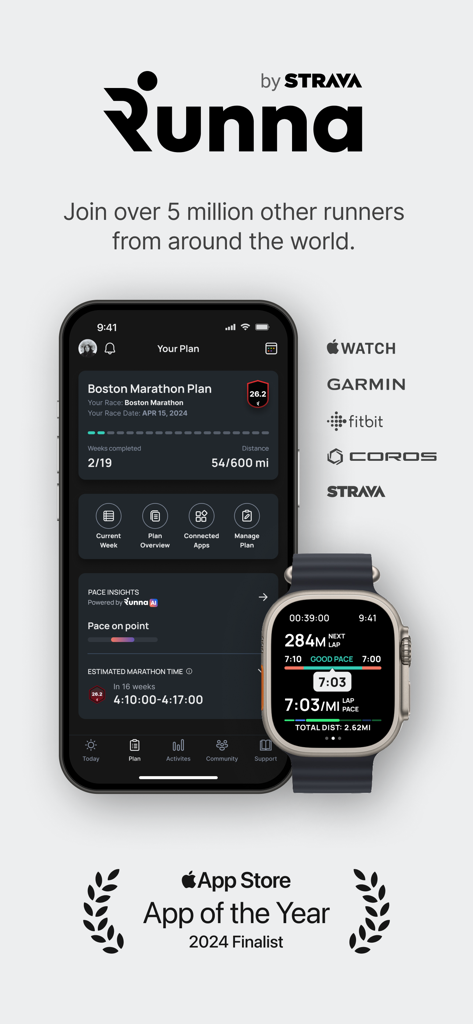 Runna app interface on an iPhone and Apple Watch showing a Boston Marathon training plan and integration with Garmin, Fitbit, and Strava.