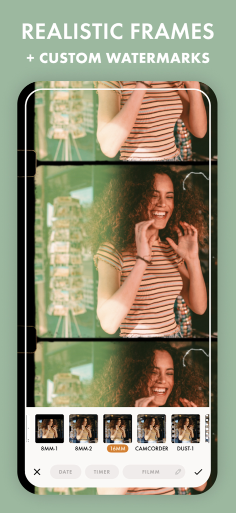 Filmm: One-Tap Video Editor - Interface do aplicativo Filmm mostrando molduras de filme vintage realistas e configurações de marca d'água personalizadas