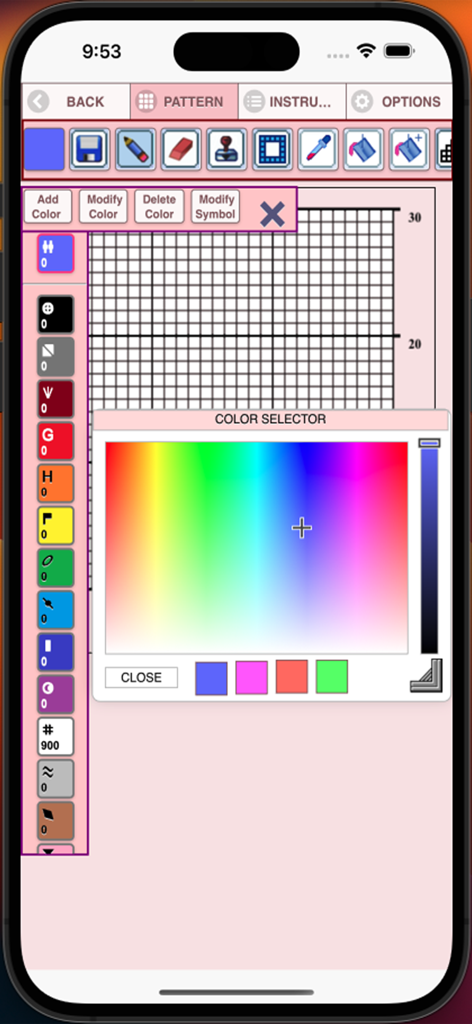 Graphghan Pattern Creator - Graphghan Pattern Creator color picker interface over a crochet grid