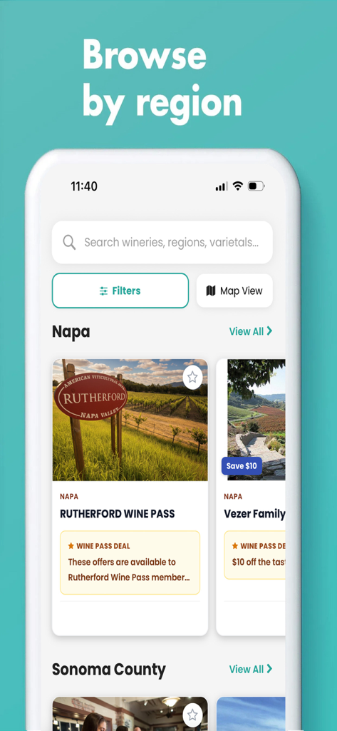 Priority Wine Pass - Mobile app interface showing winery deals and tastings organized by regions like Napa and Sonoma