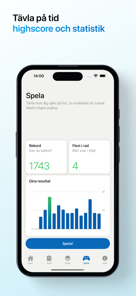 Vägmärken – ta körkort - Game statistics screen in the Vägmärken driver's license app showing high scores and a progress bar chart.