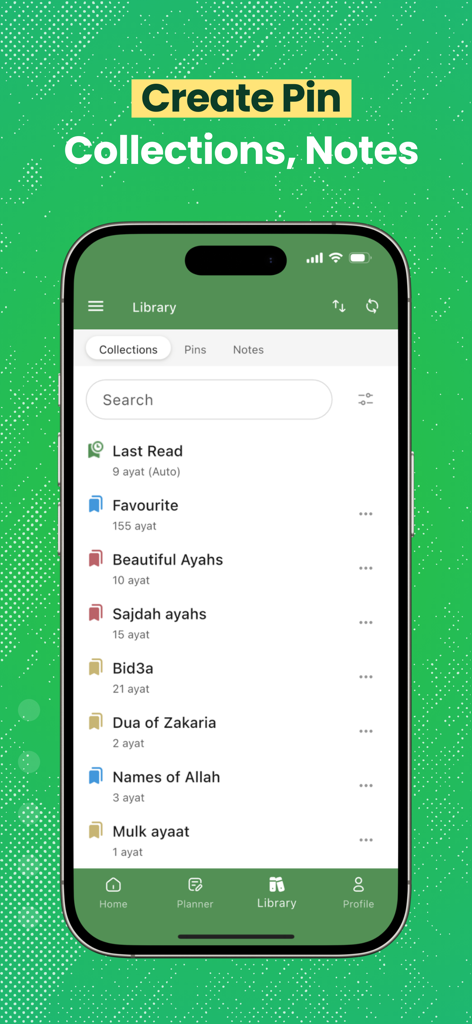Al Quran (Tafsir & by Word) - Captura de pantalla de la sección de biblioteca de la aplicación Al Quran mostrando colecciones de versos categorizados y opciones de marcadores.
