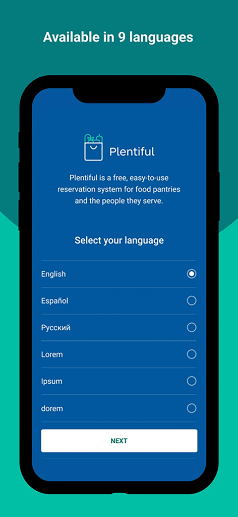 Language selection screen of the Plentiful food pantry app showing options for English and Spanish.