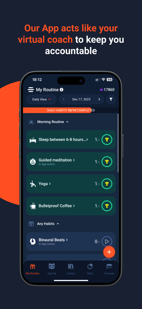 Ultiself mobile app dashboard showing a daily morning routine with completed habits like meditation and yoga