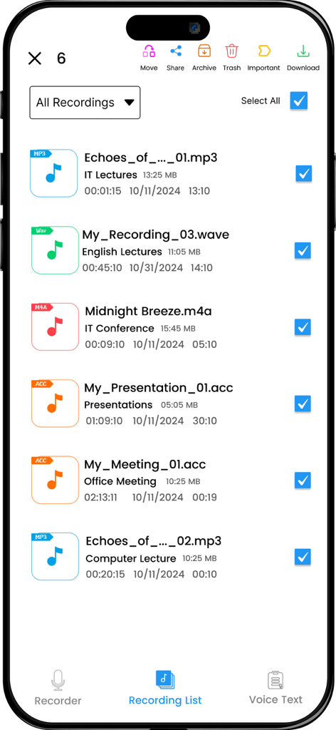 A recording list screen of the Easy Sound recorder app displaying organized audio files with categories like lectures and meetings and file management tools.