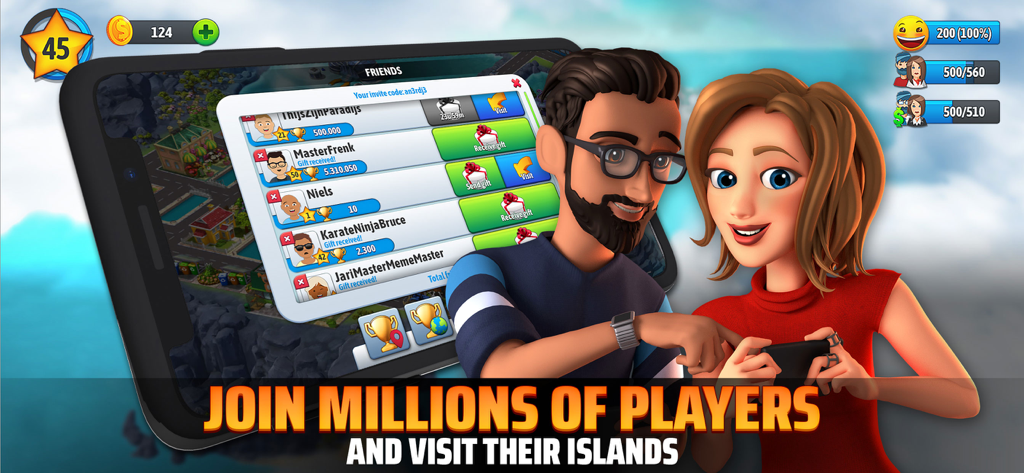 City Island 5: Building Sim - Two people looking at the friends list and social features in the City Island 5 mobile game
