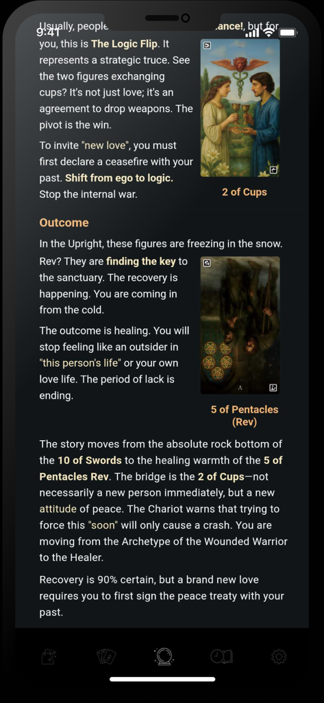 Tarot Reading: Love & Advice - Schermata dettagliata della lettura dei tarocchi che fornisce approfondimenti psicologici e consigli sull'amore