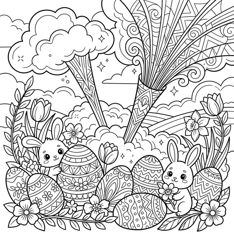 Hop into a delightful Easter celebration with this unique coloring page, blending adorable bunnies and intricately decorated eggs with the intriguing patterns of blue jets. This engaging scene captures the magic of spring, offering a creative outlet for both children and adults.